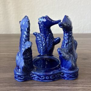 VTG Cobalt Blue Glazed Ceramic Tea/ Votive Candle Holder, 3 Seahorses, Coastal